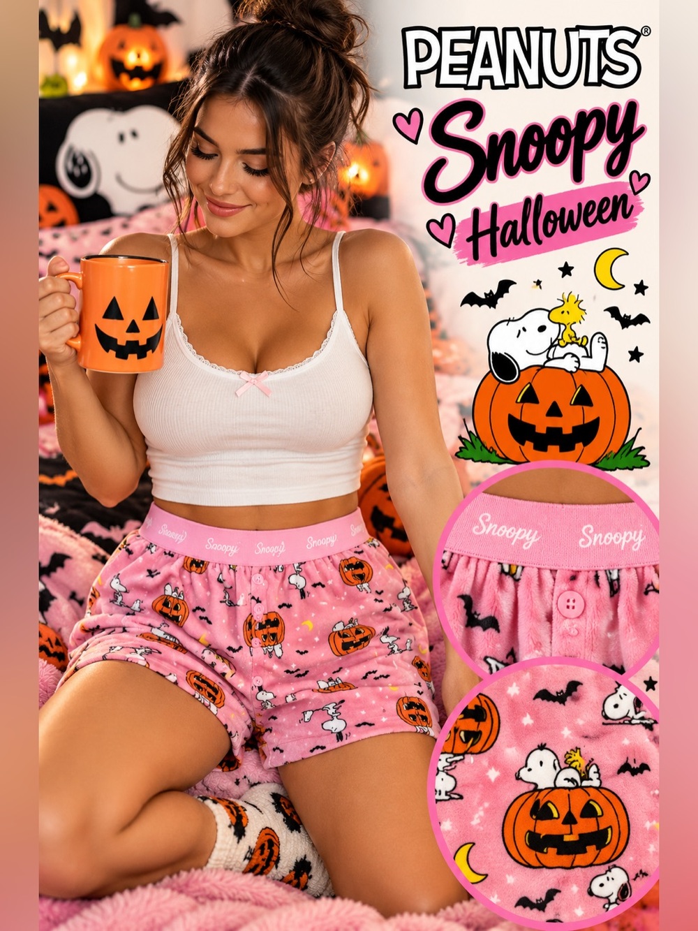 NWT Peanuts Snoopy Pink Halloween Pumpkin Pajama Shorts Large